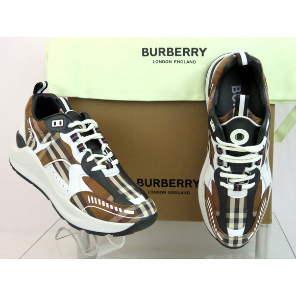 $870 BURBERRY SEAN BROWN CHECK CANVAS WHITE BLACK LEATHER SNEAKERS 41.5 US 8.5 - Picture 3 of 14